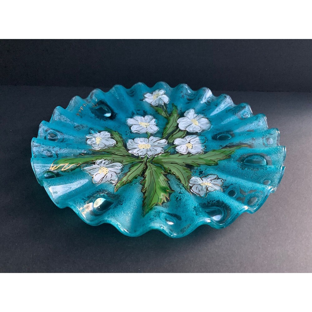 Aqua Ruffled Bubble Glass Plate Reverse Hand Painted Daisies - Signed Bessie